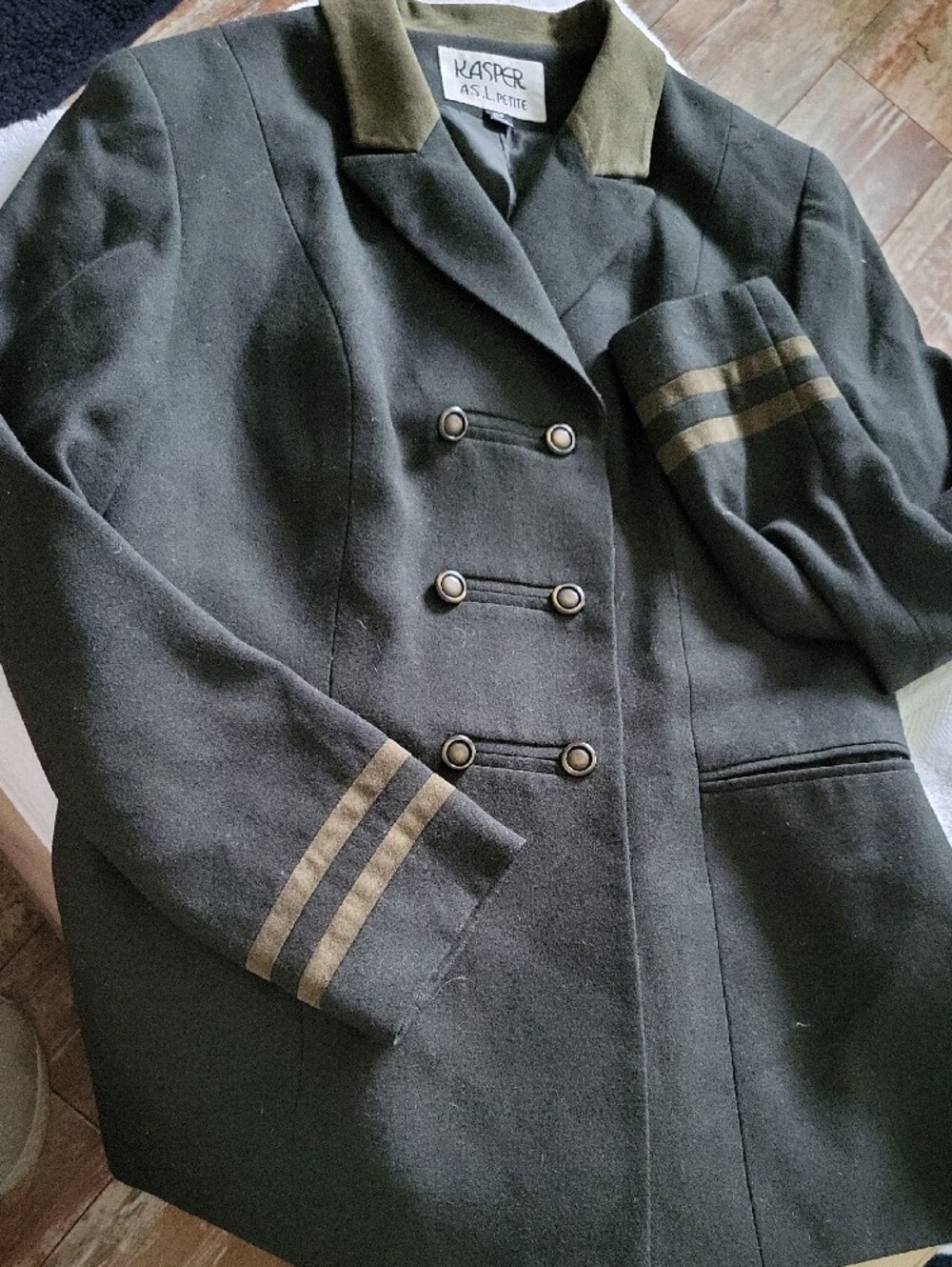 Kasper Olive Green Double-Breasted Blazer with Tan Stripe Accents - Picture 3 of 4